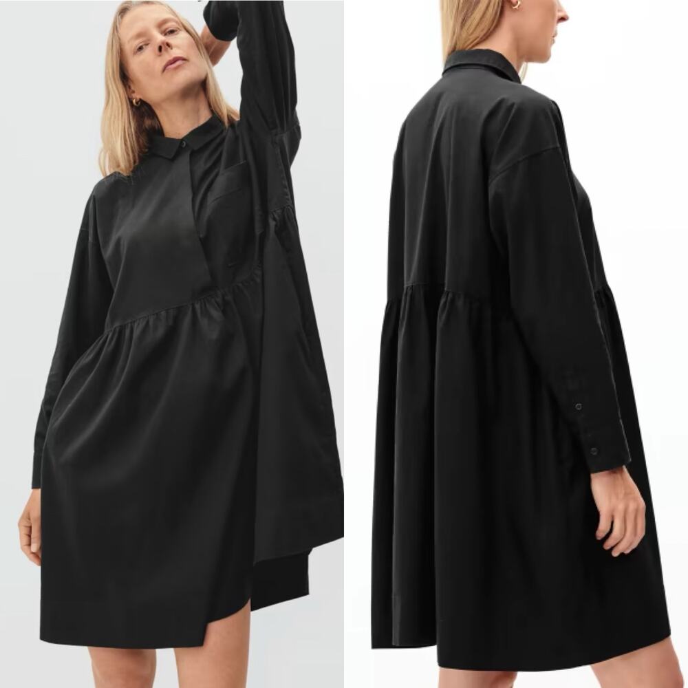 Everlane The Field Dress Black Collared Cotton Long Sleeve Women's Size XXS NWT